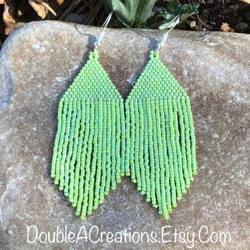 Lime Green Beaded Earrings With Fringe, New, Handmade By Me